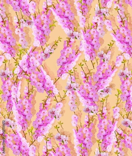 Fototapeta Illustration with seamless pattern floral design. Beautiful seamless pattern on colored background with tropical flowers and plants. Composition with flowers and leaves. Stylish print for textile.