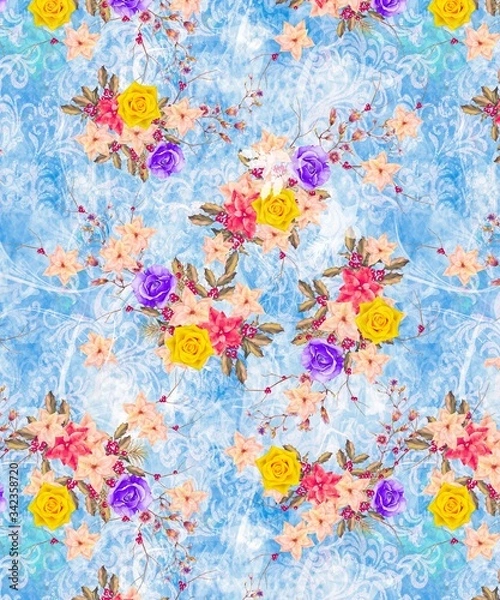 Fototapeta Illustration with seamless pattern floral design. Beautiful seamless pattern on colored background with tropical flowers and plants. Composition with flowers and leaves. Stylish print for textile.