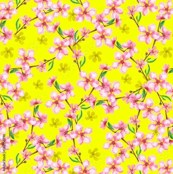 Fototapeta Illustration with seamless pattern floral design. Beautiful seamless pattern on colored background with tropical flowers and plants. Composition with flowers and leaves. Stylish print for textile.