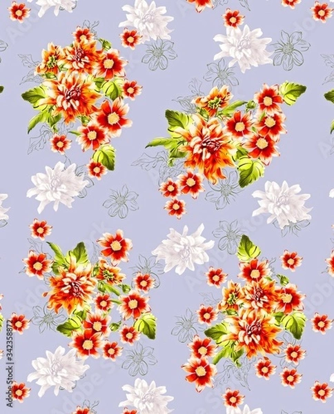 Fototapeta Illustration with seamless pattern floral design. Beautiful seamless pattern on colored background with tropical flowers and plants. Composition with flowers and leaves. Stylish print for textile.