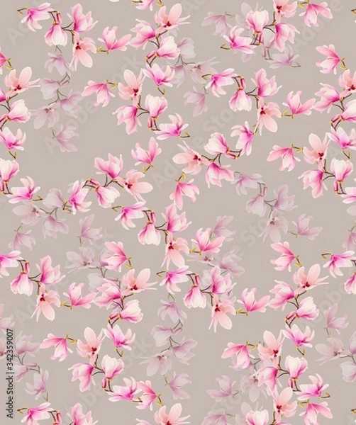 Fototapeta Illustration with seamless pattern floral design. Beautiful seamless pattern on colored background with tropical flowers and plants. Composition with flowers and leaves. Stylish print for textile.