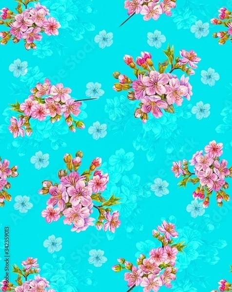 Fototapeta Illustration with seamless pattern floral design. Beautiful seamless pattern on colored background with tropical flowers and plants. Composition with flowers and leaves. Stylish print for textile.