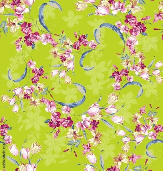 Fototapeta Illustration with seamless pattern floral design. Beautiful seamless pattern on colored background with tropical flowers and plants. Composition with flowers and leaves. Stylish print for textile.