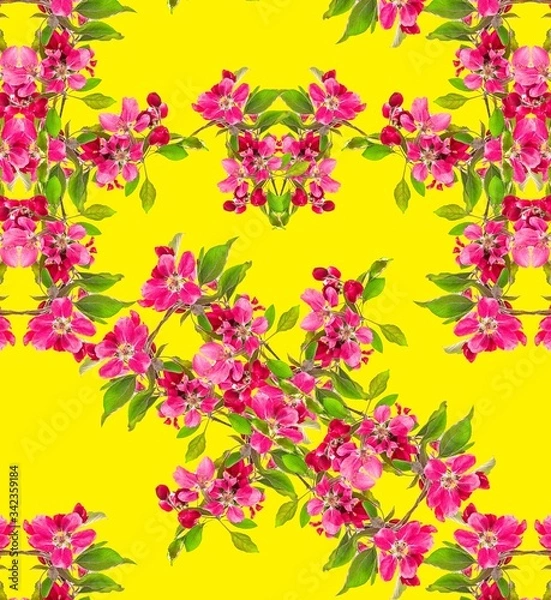 Fototapeta Illustration with seamless pattern floral design. Beautiful seamless pattern on colored background with tropical flowers and plants. Composition with flowers and leaves. Stylish print for textile.