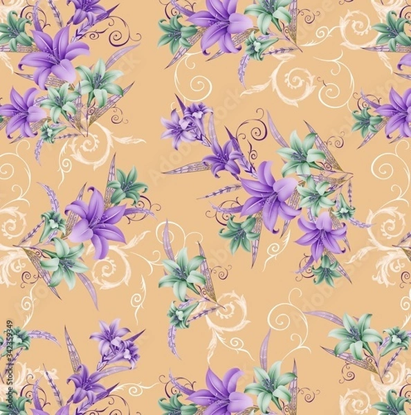 Fototapeta Illustration with seamless pattern floral design. Beautiful seamless pattern on colored background with tropical flowers and plants. Composition with flowers and leaves. Stylish print for textile.