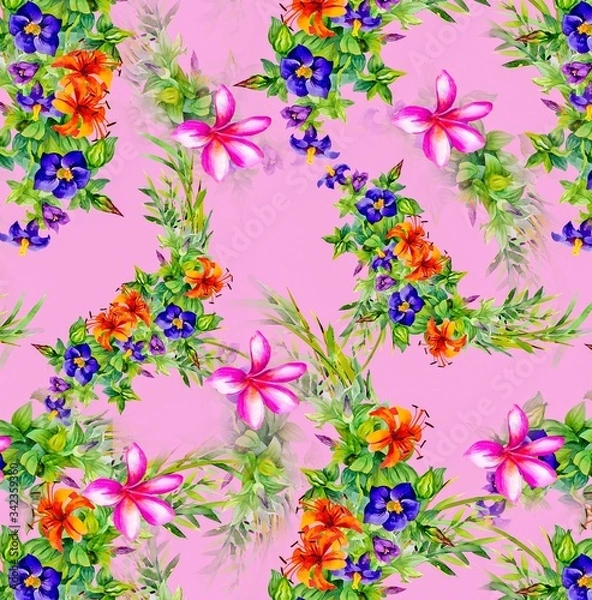 Fototapeta Illustration with seamless pattern floral design. Beautiful seamless pattern on colored background with tropical flowers and plants. Composition with flowers and leaves. Stylish print for textile.