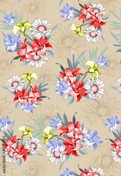 Fototapeta Illustration with seamless pattern floral design. Beautiful seamless pattern on colored background with tropical flowers and plants. Composition with flowers and leaves. Stylish print for textile.