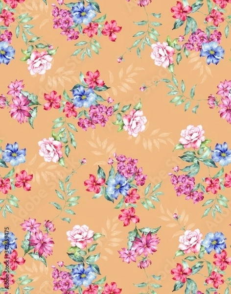 Fototapeta Illustration with seamless pattern floral design. Beautiful seamless pattern on colored background with tropical flowers and plants. Composition with flowers and leaves. Stylish print for textile.