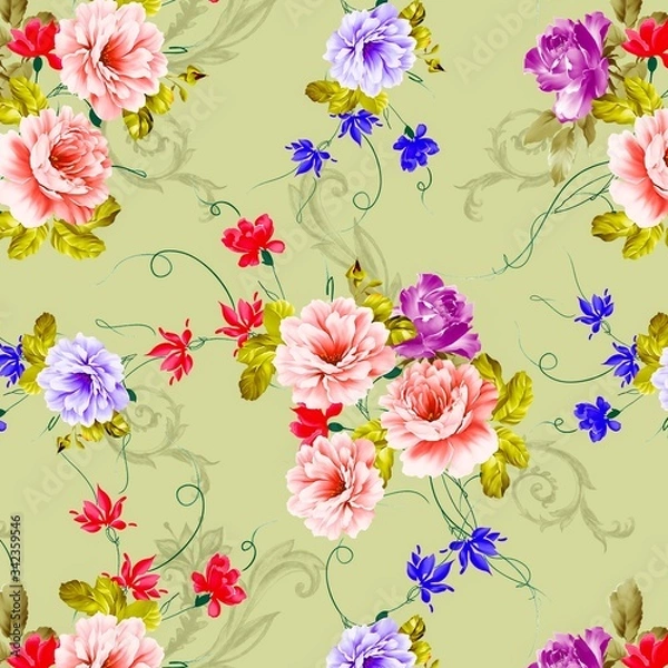 Fototapeta Illustration with seamless pattern floral design. Beautiful seamless pattern on colored background with tropical flowers and plants. Composition with flowers and leaves. Stylish print for textile.