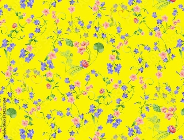 Fototapeta Illustration with seamless pattern floral design. Beautiful seamless pattern on colored background with tropical flowers and plants. Composition with flowers and leaves. Stylish print for textile.