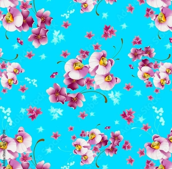 Fototapeta Illustration with seamless pattern floral design. Beautiful seamless pattern on colored background with tropical flowers and plants. Composition with flowers and leaves. Stylish print for textile.