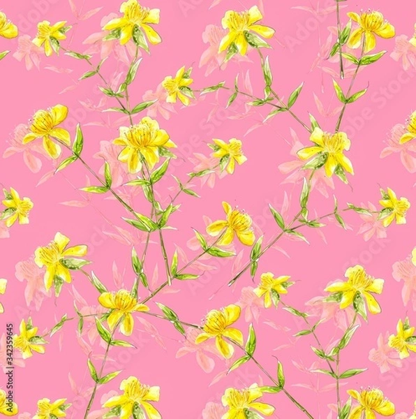 Fototapeta Illustration with seamless pattern floral design. Beautiful seamless pattern on colored background with tropical flowers and plants. Composition with flowers and leaves. Stylish print for textile.