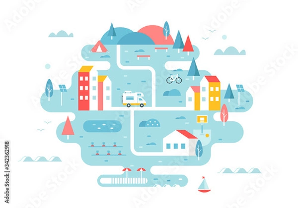 Obraz Town on a Coast Illustrated Map. Sustainable Tourism Development and Travel Concept Illustration