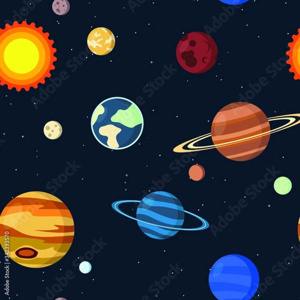Fototapeta solar system vector kids cartoon planet seamless pattern. Rocket, UFO, planets Illustration, great for wallpaper, textile and texture design. Kids design, fabric, wrapping, apparel.