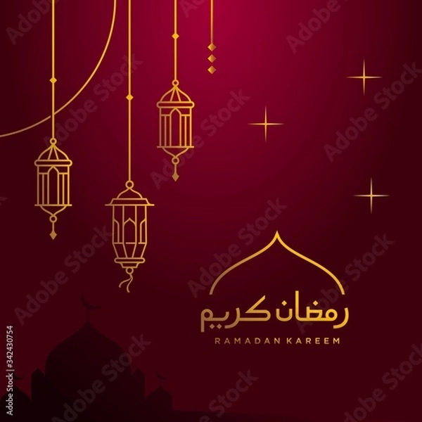 Fototapeta Arabic ramadan lantern, simple ramadan Kareem arabic caligraphy vector , Eid Mubarak Greeting Line icon minimal vector design with mosque Glowing Lantern and hanging crescent moon star