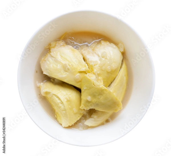 Fototapeta Top view sweet durian with sticky rice and coconut milk, Thai style dessert isolated on white background, clipping path included