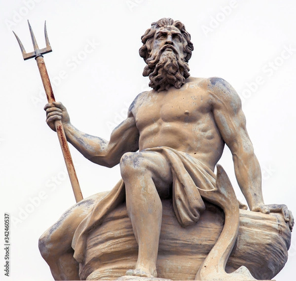 Fototapeta Abstract image with statue of ancient god Neptune with trident. Patron of horses and chariot races. God of moisture, springs, water, sea and drought protector.
