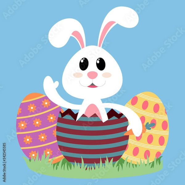 Obraz White Bunny with colorful Eggs. Happy Easter. Vector illustration	