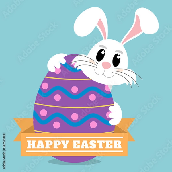 Obraz Cute Easter Bunny behind a big colorful egg. Vector illustration