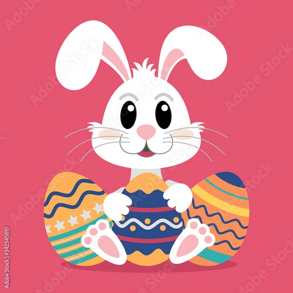 Obraz Cute White Rabbit holding colorful easter egg. Vector illustration