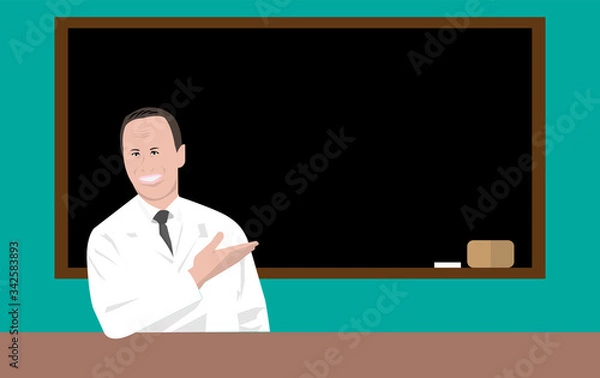 Fototapeta An illustration of a professional teacher, lecturer or doctor giving a speech, explaining to the classroom while showing the blackboard with hand template. Man with white coat in front of blackboard.