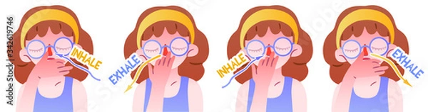 Obraz Cute girl with glasses doing pranayama. Vector isolated phased illustration of a breathing practice from yoga. Ventilation, wellness exercise with a calming effect. The correct position of the hands.