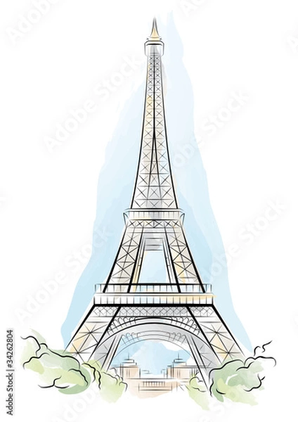 Fototapeta Vector drawing color Eiffel Tower in Paris, France