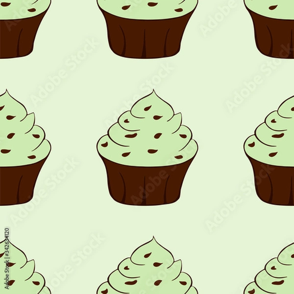 Fototapeta Cupcakes with chocolate sprinkles isolated. Green background. Sweet Dessert with cream. Pistachio or mint taste. Seamless pattern.Vector illustration