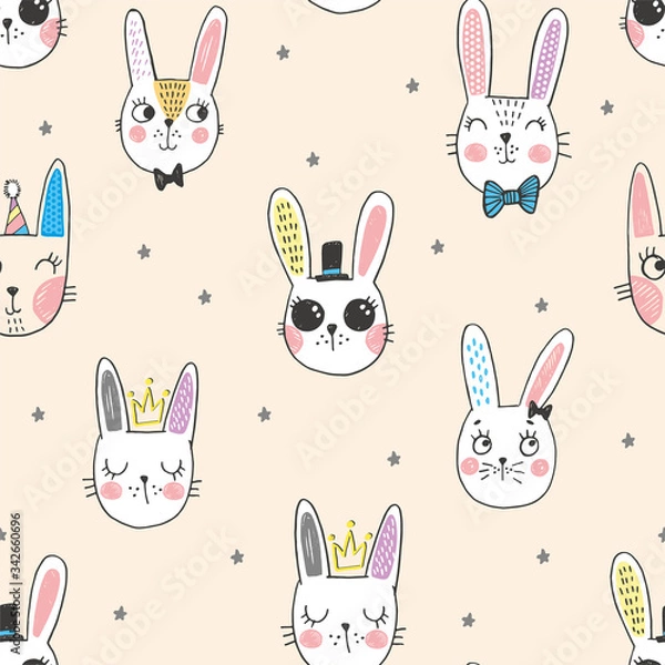 Fototapeta Vector illustration of seamless texture with doodle cute sweet bunnies, sketch characters, hand drawn illustration with pen, faces with different emotions, easter bunny, endless pattern with stars