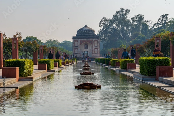 Obraz Sunder Nursery, Delhi, India-Feb, 2020 : a view of the fountains in front of the Sunderwala burj, Sunder Nursery, Delhi, India