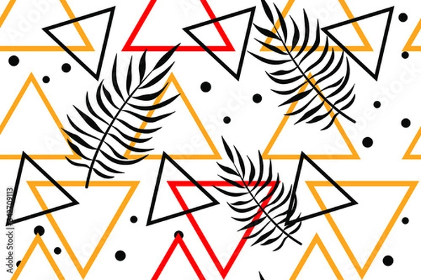 Fototapeta 
Triangular ornament with tropical leaves. Bright summer print. Geometric background. Colorful geometric seamless pattern for wallpaper, fabric, clothes, interior. Vector illustration