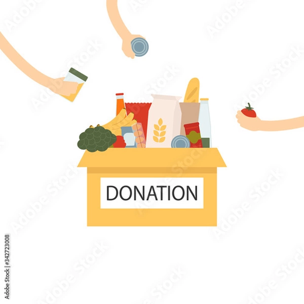 Fototapeta Coronavirus donation food. Donation box with food and hands giving goodies. Box with different types of food supplies. Vector Illustration