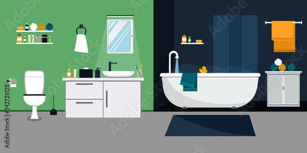 Fototapeta Bathroom interior with furniture in flat design style. Vector illustration.
