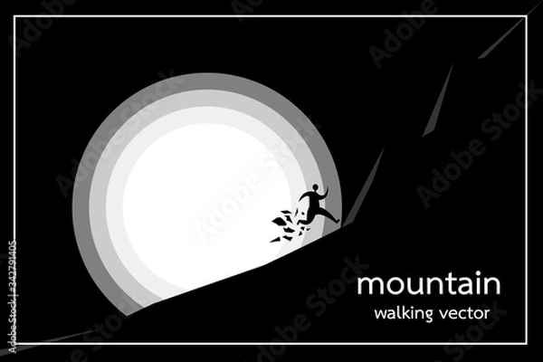 Obraz The silhouettes of people are running. The mountains are black, there is a white sun and a black sky. Background image Black-toned control Vector image