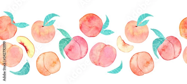 Fototapeta Watercolor seamless border of peaches on a white background. Print with large ripe peaches for stationery, textiles and wallpapers.
