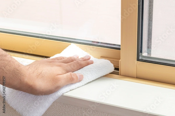 Obraz タオルで窓を拭き掃除している男の手