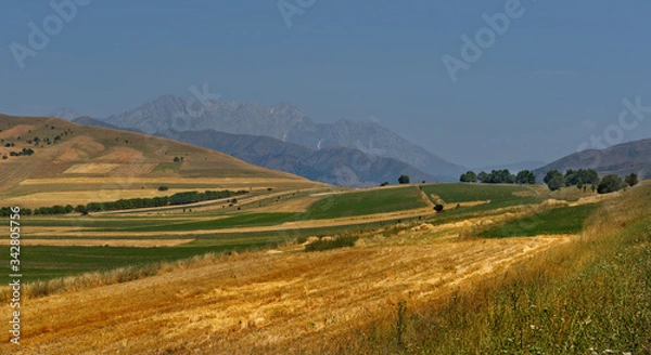 Obraz Central Asia. Kyrgyzstan. The North-Eastern section of the Pamir highway near the city of Kara-Alma. High-altitude fertile fields of the Tien Shan