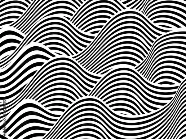 Fototapeta Abstract background with black and white striped, futuristic waves. Geometrical pattern. Vector illustration