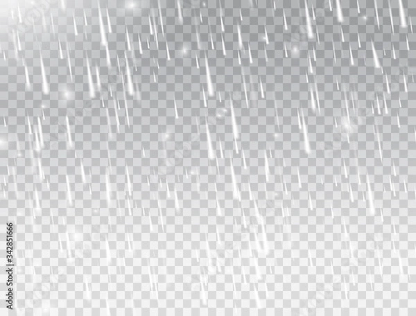 Fototapeta Rain on white transparent background. Realistic falling water drops. Rainfall texture. Rain storm. Rainy cloudy backdrop. Vector illustration