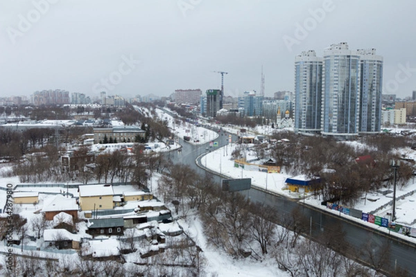Obraz top view on buildings, winter 