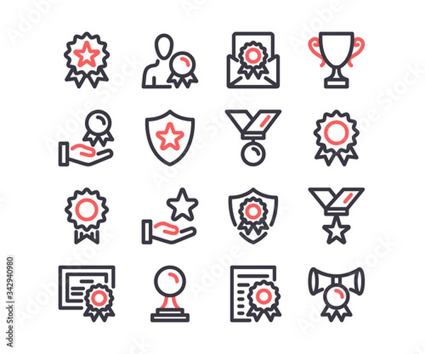 Obraz Awards line icons set. Winner, reward, trophy cup, premium quality, medal concepts. Modern outline symbols. Simple thin stroke design linear graphic elements. Red and black colors. Vector line icons