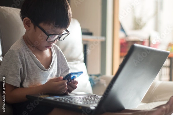 Fototapeta little boy Wear glass using laptop on sofa in home, work from home
