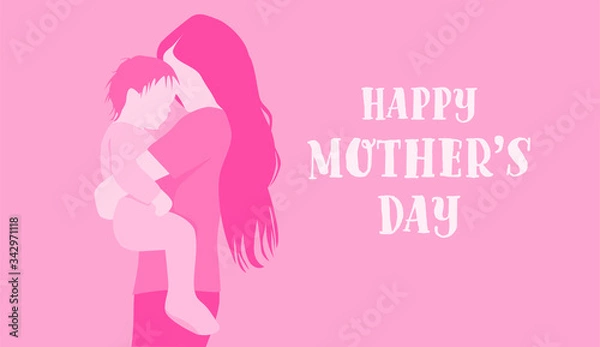 Fototapeta Mother's Day banner background pink flat simple vector illustration mother holding baby