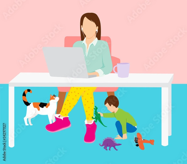 Fototapeta Work from Home Mom Concept - working from home office mother professional for video call with distracting home life below - quarantine Mother's Day 2020