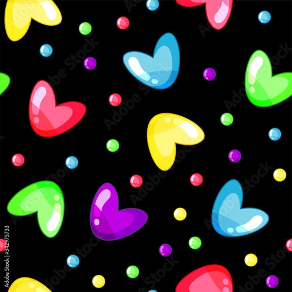 Fototapeta Seamless pattern with glamour multicolor hearts and dots isolated on the black background. Vector illustration