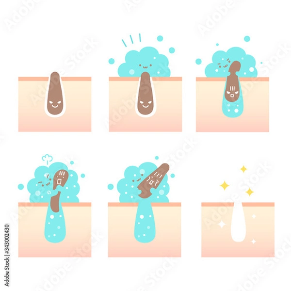 Fototapeta 毛穴の汚れ（角栓）を筋肉もりもりなクレイジング泡がすっきりとりのぞいて綺麗になった肌のイラスト（擬人化）