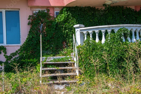 Fototapeta Abandoned hotel on the beach, covered in green grass and climbing ivy plant, nature take over concept, building facade