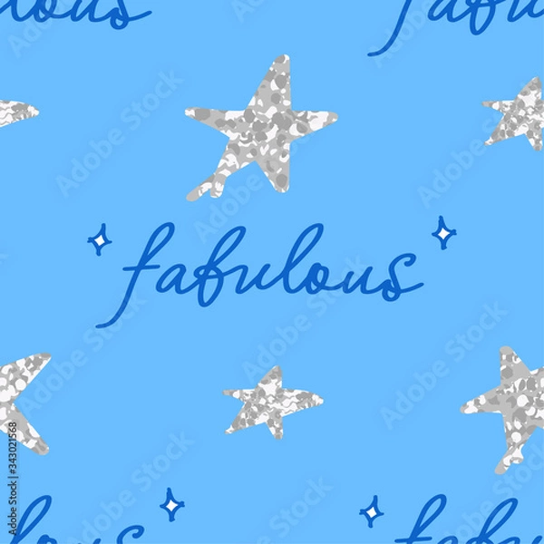 Fototapeta cute fabulous seamless pattern with lettering elements and sparkling stars on blue background, editable vector illustration for kids apparel, decoration, fabric, textile, paper