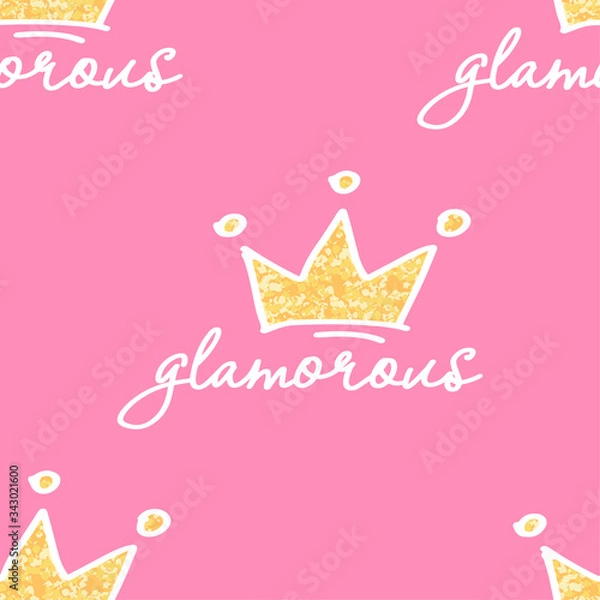 Fototapeta cute glamorous seamless pattern with lettering elements and sparkling crown on pink background, editable vector illustration for kids apparel, decoration, fabric, textile, paper