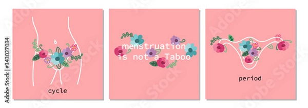 Fototapeta Cute set of hand drawn line art elements of women menstruation period theme